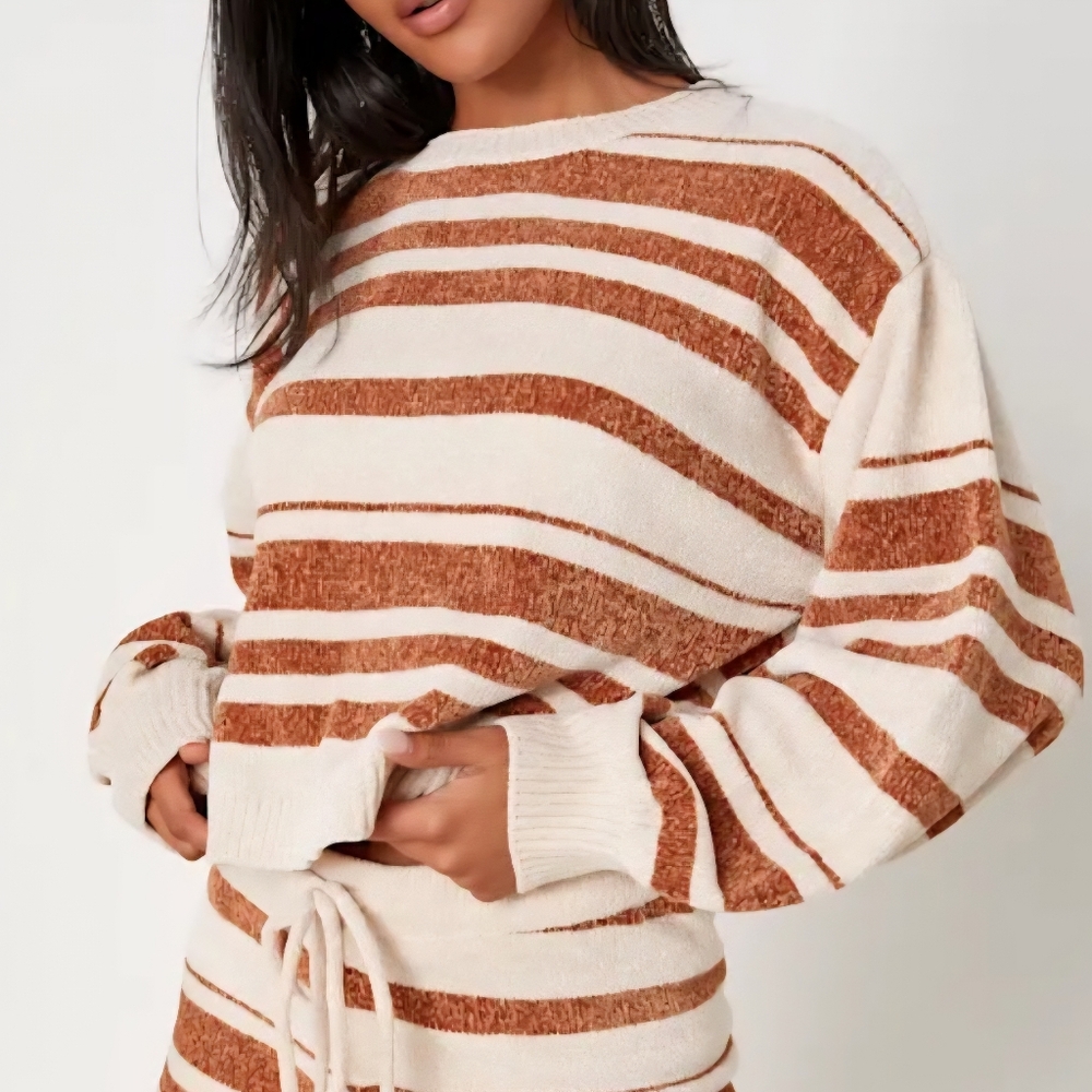 Lulu's Cream and Brown‎ Crop Knit  Sweater